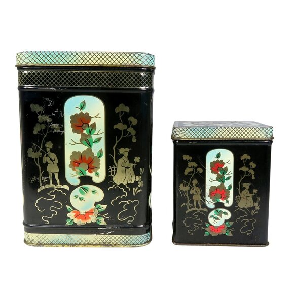 Chinoiserie Tole Tin Set of 2 Decorated Black Hinged Lid Box Vintage England - Picture 4 of 8